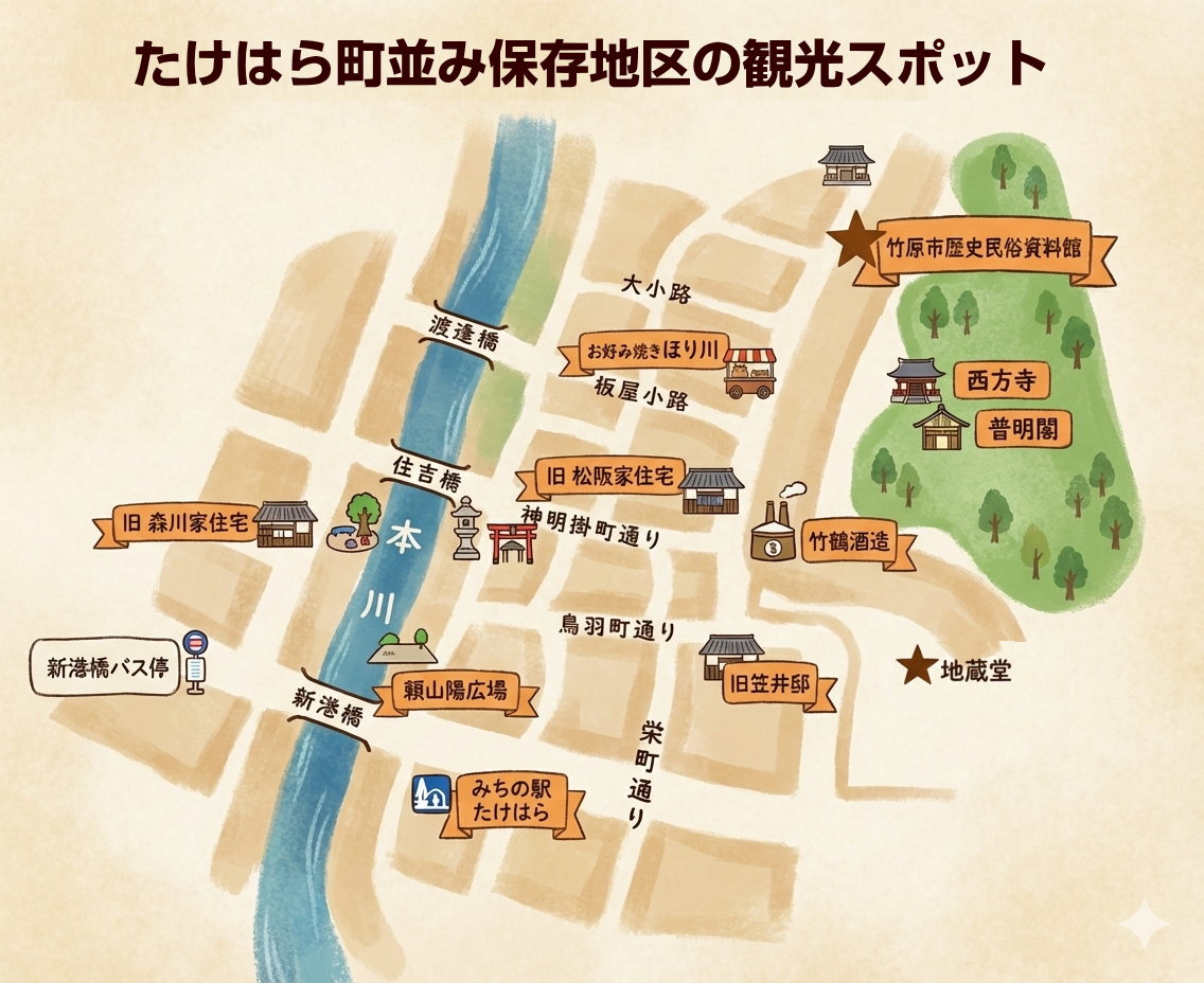 たけはら町並み保存地区の観光マップ